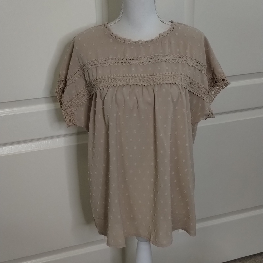 Beige Swiss Dot Blouse Brocade Lace Neutral Large Unbranded